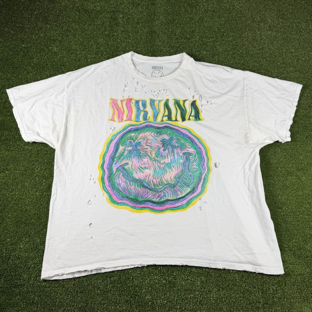 Nirvana Nevermind Distressed Graphic T-Shirt White Mens L/XL Smiley Face 0600